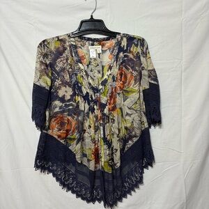 Coldwater Creek Navy and Orange Floral Blouse